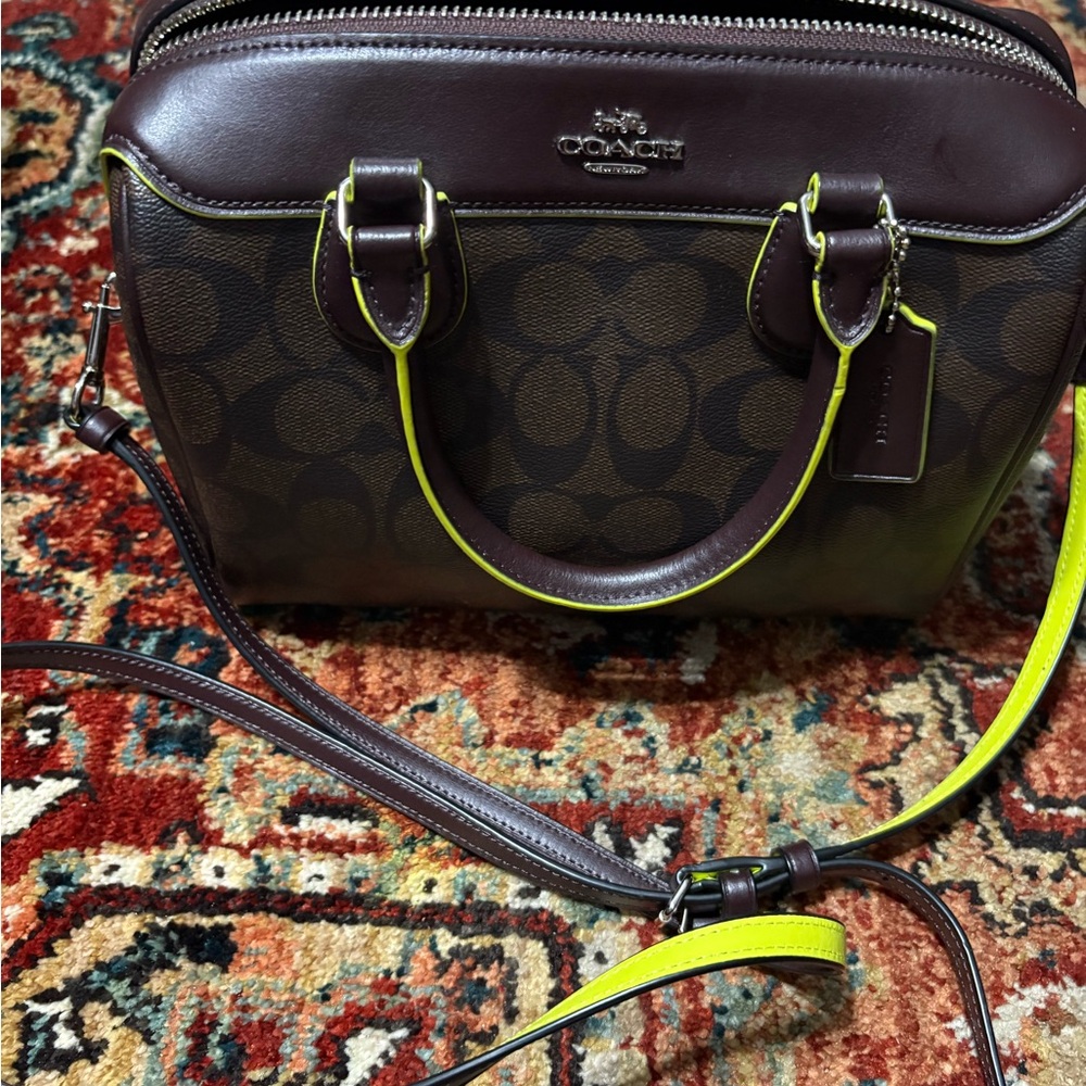 Coach Dark Brown and Neon Yellow Satchel